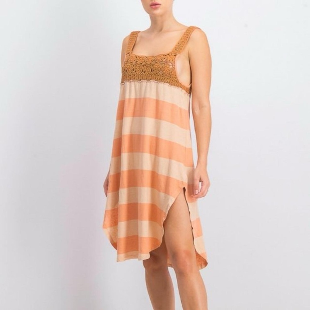 Free People Luca Sayulita Combo Crochet Striped Cotton Linen Tank Tunic Dress M